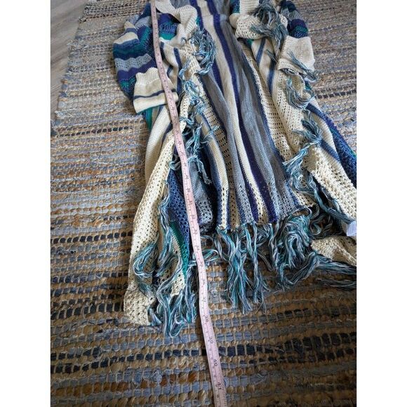 Fringe Knit Cardigan Sweater M Navy Green Blue Cream Open Front Long Line - Picture 4 of 6
